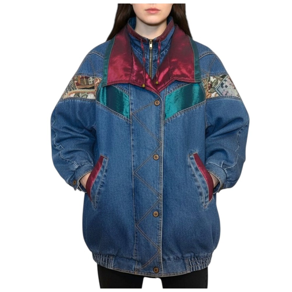 VTG CURRENT SEEN JACKET/COAT Blue Denim w/Satin & Tapestry Trim PATCHWORK sz S